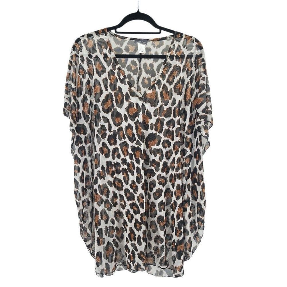 Jordan Taylor Oversized Mesh Leopard Print V-Neck Kaftan Tunic Top Size Medium